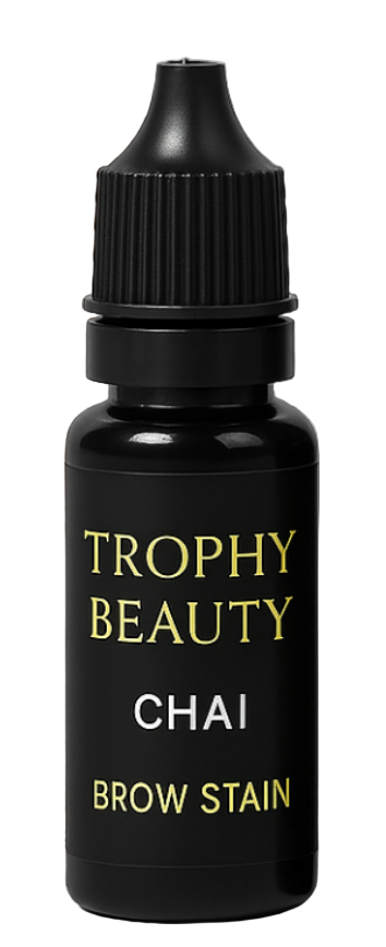 Black bottle of Trophy Beauty Chai Brow Stain with brown applicator on white background